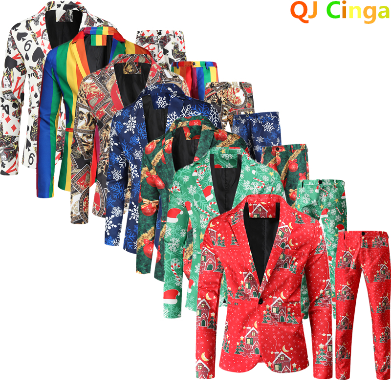 

Men' Suits Blazers Red Printed Two-piece Men' Christmas Suit Jacket Pants Stylish Male Blazer Coat with Trousers Black Green Blue -4XL 230316, Xx36