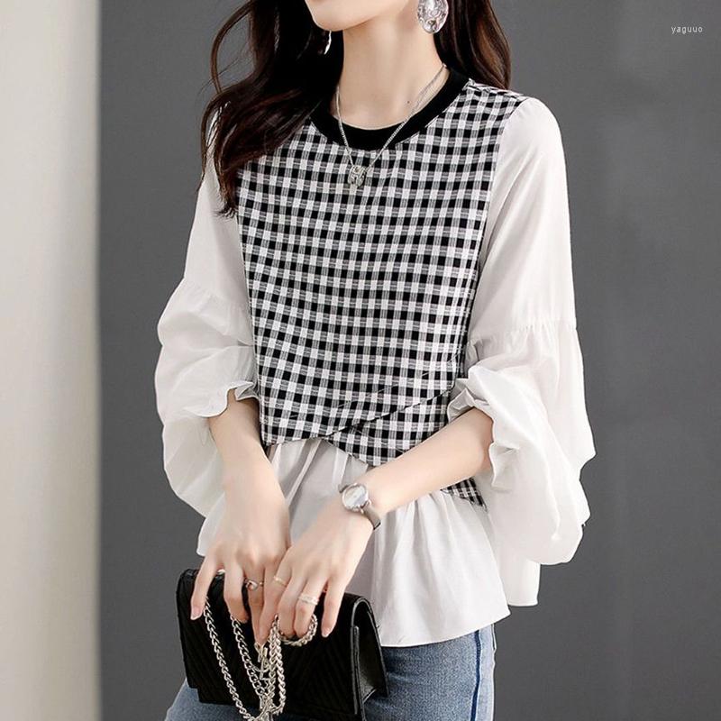 

Women' Blouses Women Plaid Print Patchwork Fake Two Piece Kawaii Shirts Korean Fashion O-neck Loose Long Sleeve All-match Pullover Tops, White