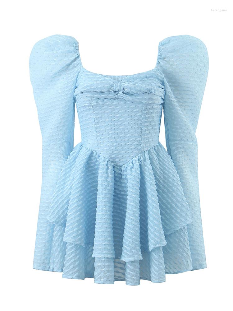 

Casual Dresses YENKYE Women Blue Princess Elegant Party Mini Sexy Collar Shrug Shoulder Female Ruffle Skater Short Dress Fairy Robe