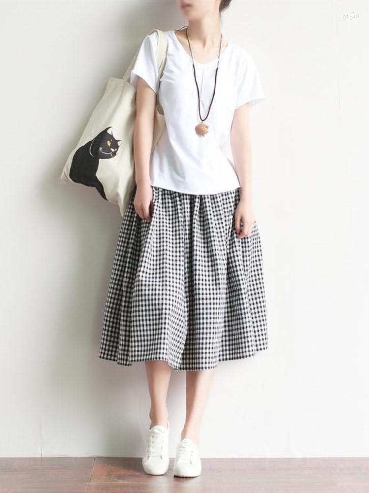 

Skirts 2023 Women Spring Summer Retro Literature Plaid Pleated Knee-length Causal Elastic Waist Loose Cotton, Black white plaid