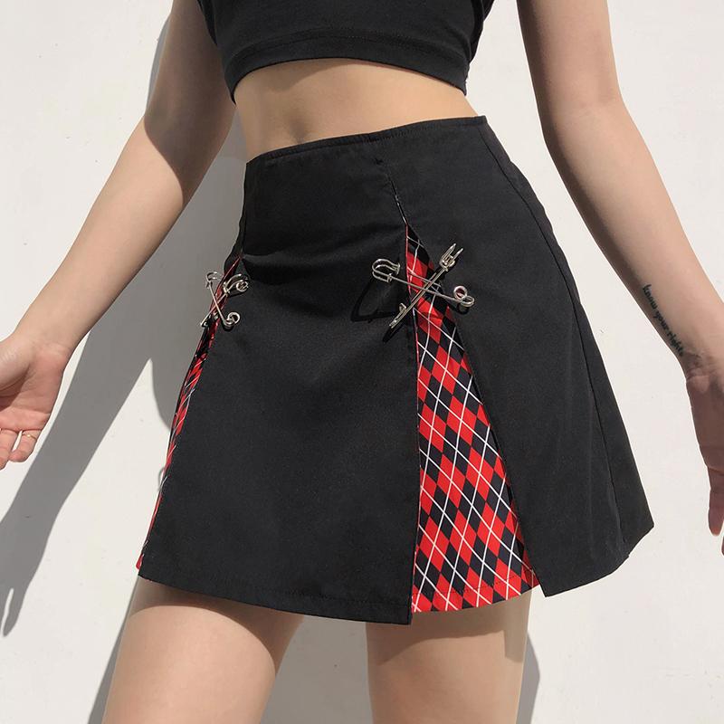

Skirts Harajuku Y2k Black High Waist EGirl Sexy Mini Skirt Women Pin Patchwork Gothic Vintage Goth Dark Plaid Print A-Line, 87004