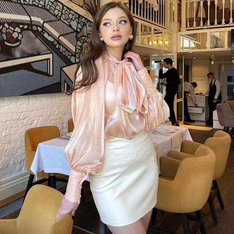 

Women' Blouses & Shirts Spring Satin Blouse Fashion Big Bow Casual Puff Sleeve Blusas Female Solid Baggy Tunic Oversized Chemis, Khaki