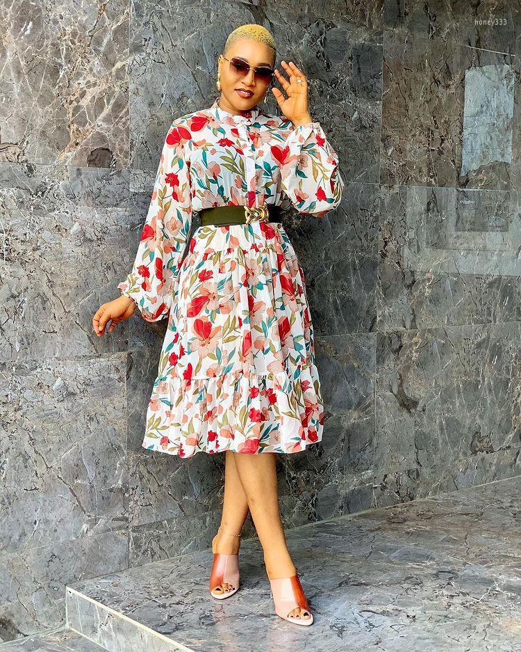 

Casual Dresses TSXT 2023 African Style Women Printed High Waist Knee-length Dress Sexy Lady O-neck Lantern Sleeve Chiffon, Picture color