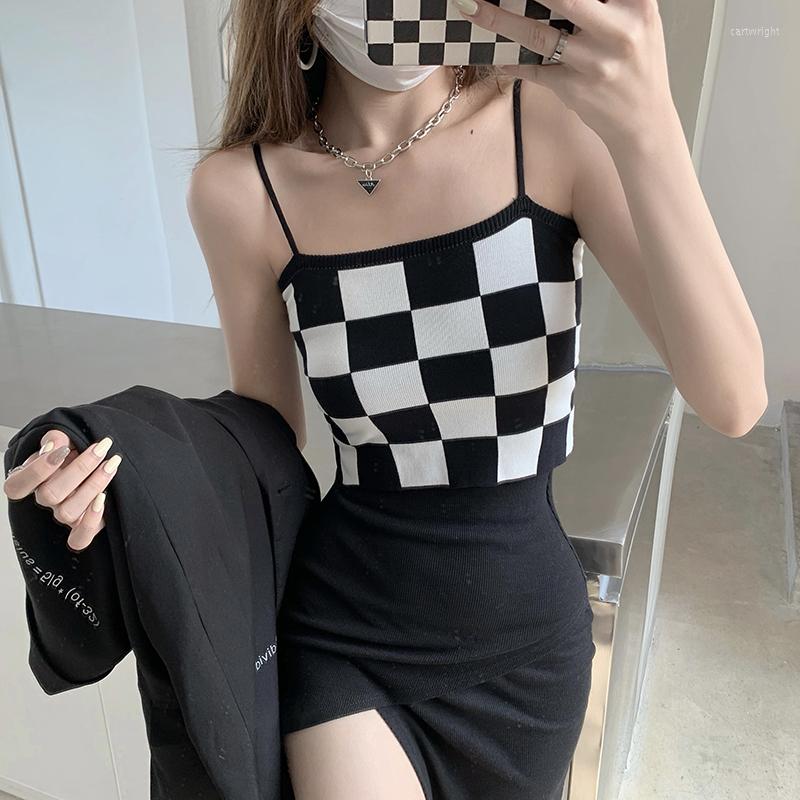 

Women's Tanks Summer Lovely Chessboard Lattice Print Women Sling Vest Female Slim Fit Knitted Short Sexy Tops Sleeveless Bottoming Shirt, Black