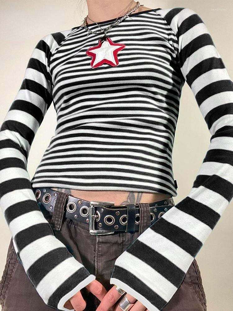 

Women' T Shirts Autumn Shirt Vintage Star Print Striped Long Sleeve Crop Top For Women Harajuku Casual Pullovers Y2k Aesthetic Ladies, Black