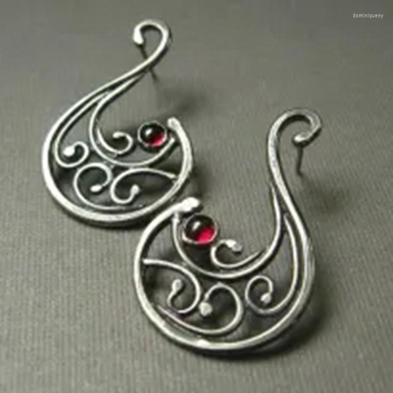 

Dangle Earrings Vintage Geometric Antique Silver Color Hollow Asymmetric Red Green Blue Multicolor Stone Lock Drop