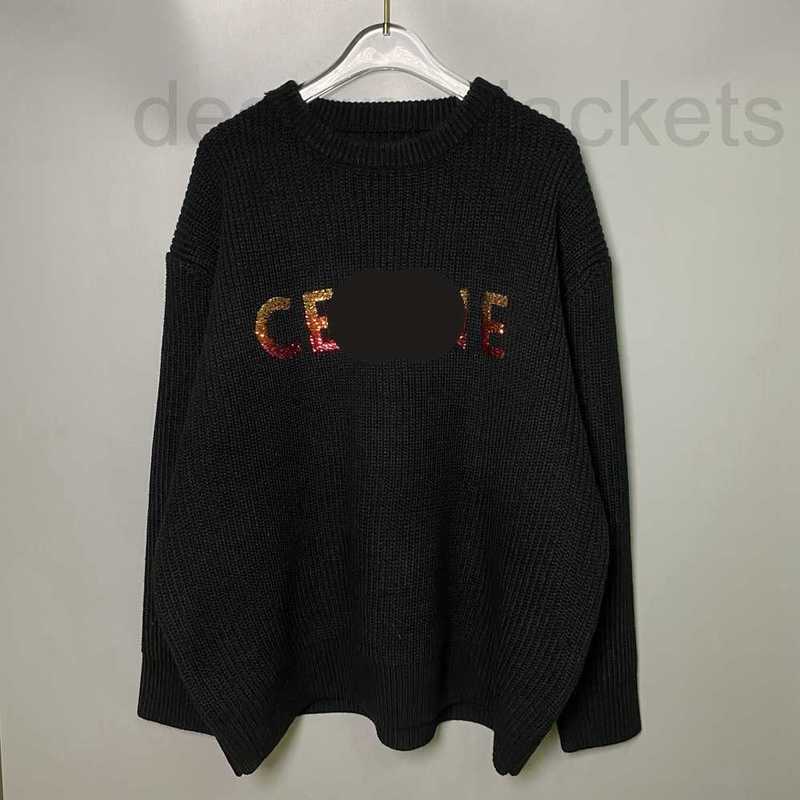 

Women' Knits & Tees designer Autumn and winter new color illusion gradient bead piece embroidery beaded letter round neck knitted sweater loose men women KT65, Black