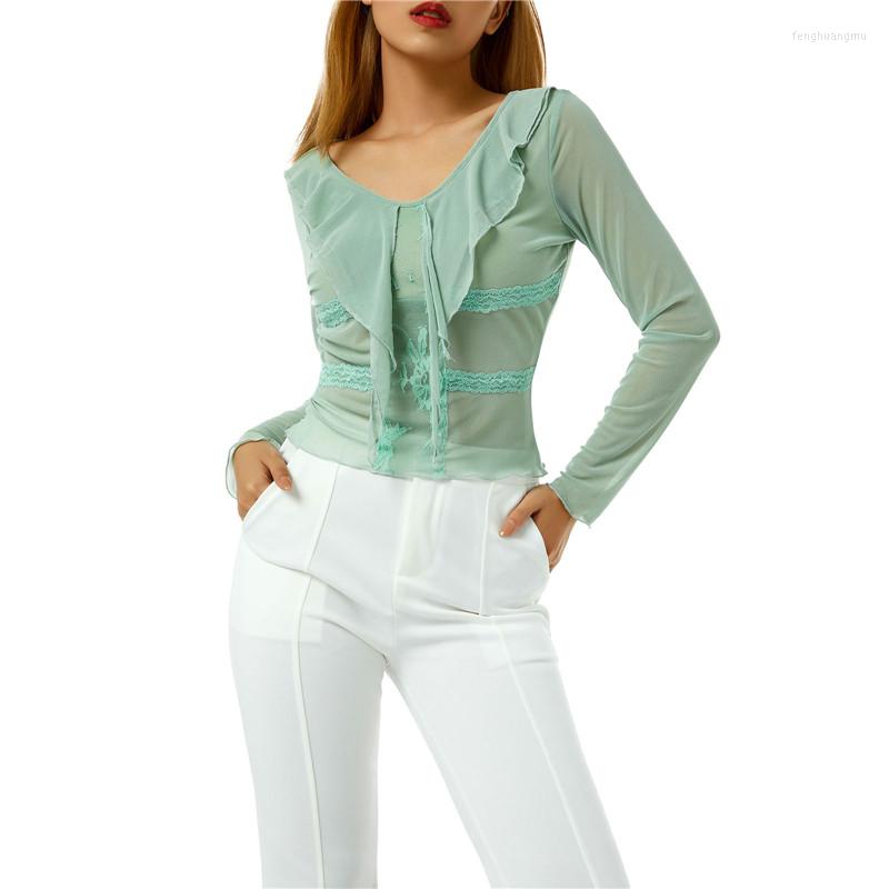 

Women' Blouses Women Lace Patchwork Crop Tops Blouse Spring Summer Casual Long Sleeve Floral Embroidery V Neck Slim Fit T-Shirts Tees, Green