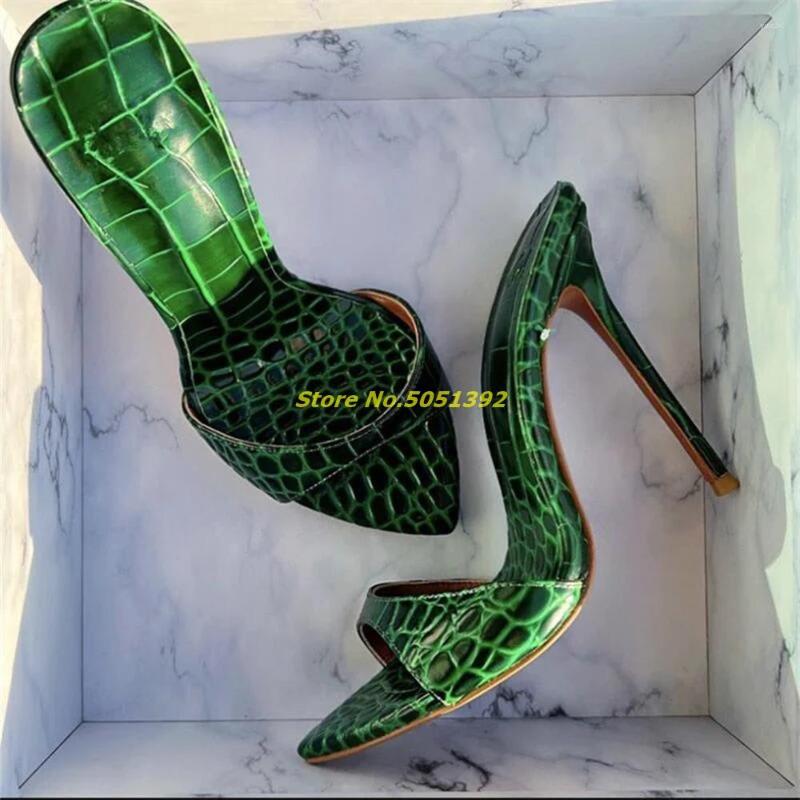 

Slippers Thin Heels Pointed Crocodile Print Slip On Gold Fashion Women Summer Slides Stiletto Heel Shoes, Red