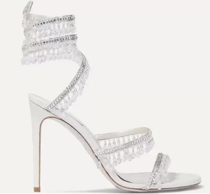

2022 Summer Cleo Crystals Embellished Heels sandals Rhinestone white Evening shoes women high heeled Luxury Designers Wraparound Dress shoe