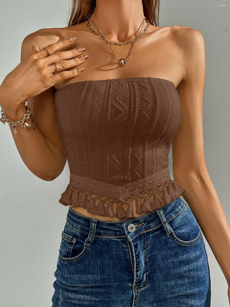 

Women's Tanks Sexy Women Strapless Tube Tops Solid Fashion Crochet Jacquard Fringed Hem Bandeau Summer Sleeveless Off Shoulder Crop, Beige
