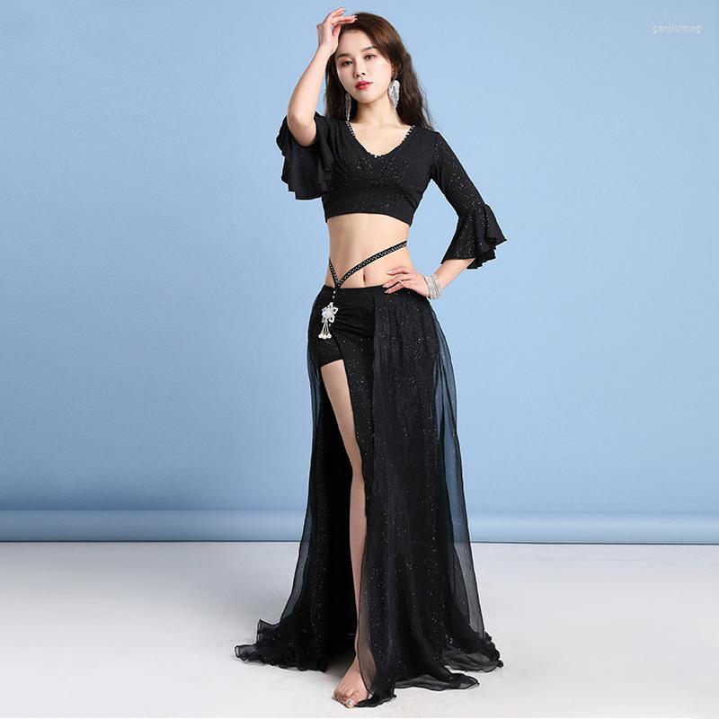 

Stage Wear Women Class Dance Clothes Sequins Top And Skirt Side Slit 2 Piece Outfit Belly Costume Set For Girls (with Panties), Black