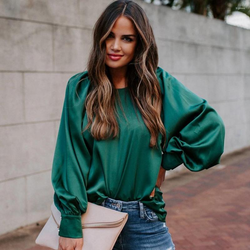 

Women' Blouses Wepbel Chiffon Tops Women Bubble Long Sleeve O-neck Solid Color Pullover Shirt Spring Fashion Styliztes, Green