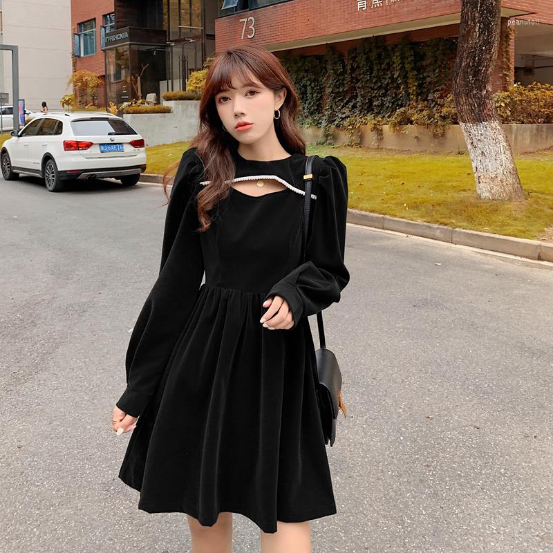 

Casual Dresses Korean Style Chic Hollow Out Velvet Mini Dress Women Autumn Winter Puff Long Sleeve High Waist Ladies Vintage Party Dresse, Black