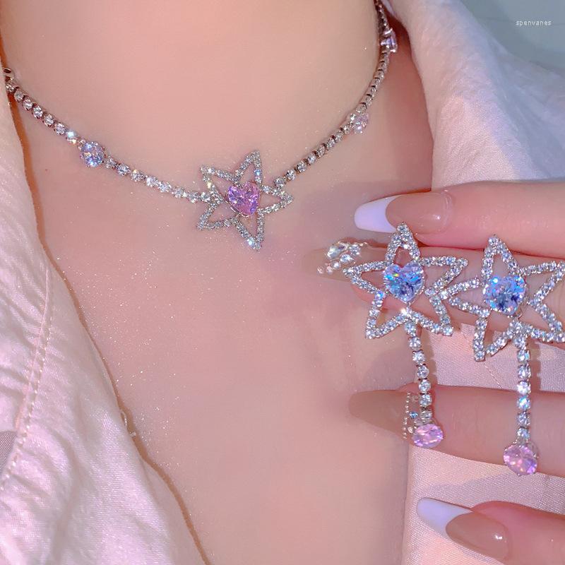

Choker Sparkling Rhinestone Pentagram Star Love Heart Necklace For Women Luxury Romantic Stud Earrings Exquisite Fashion Jewelry