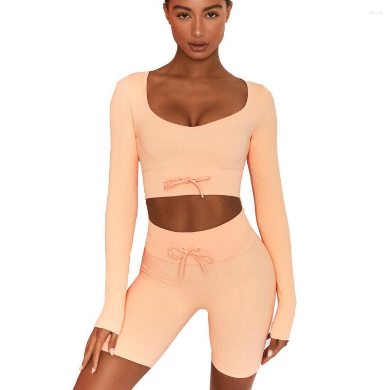 

Active Sets 2023 Women Yoga Set 2 Pcs Seamless Gym Suits Shirt Pants Workout Sportswear Fitness Long Sleeve Crop Top Leggings Sports Suit, Orange