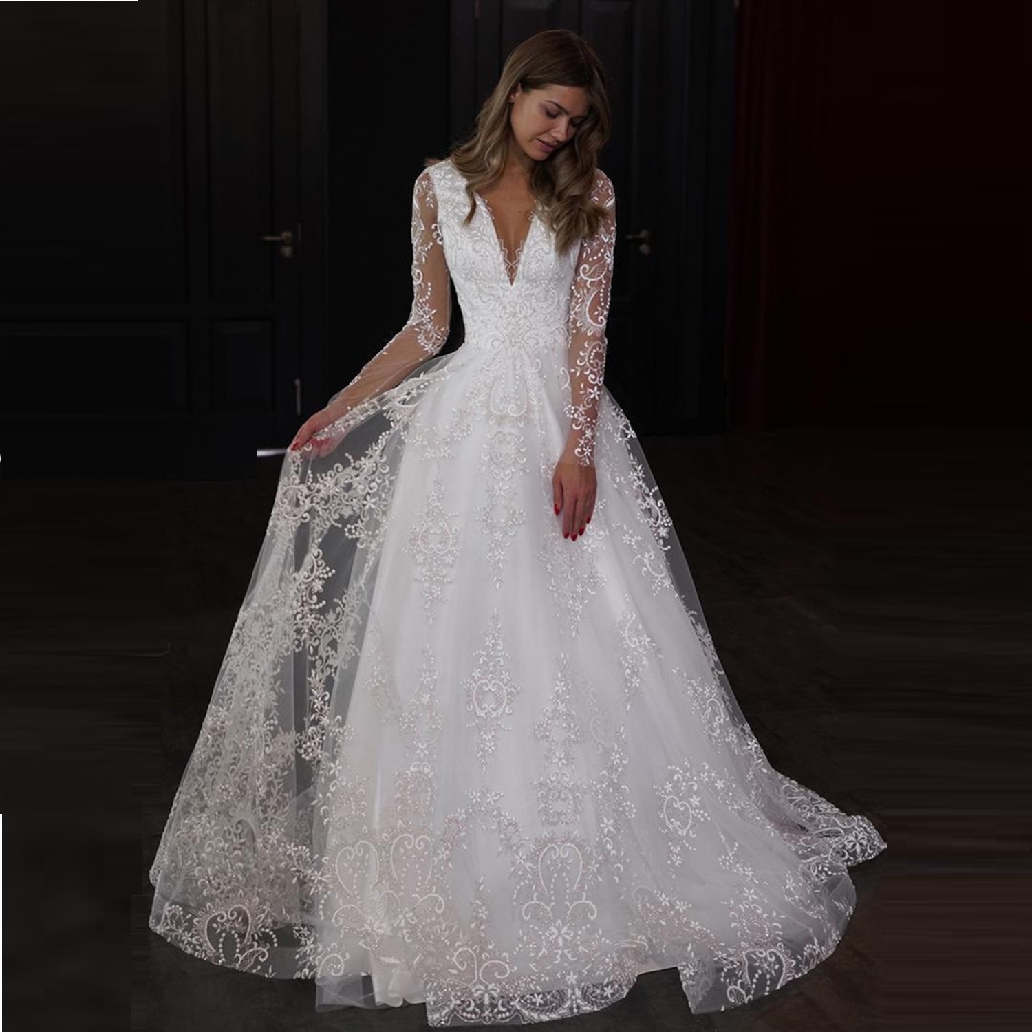 

Modest Lace A-line Wedding Dress Illusion Long Sleeves Vintage Appliques Floor Length Bridal Gowns Robe De Mariee Designer Marriage Dresses, White