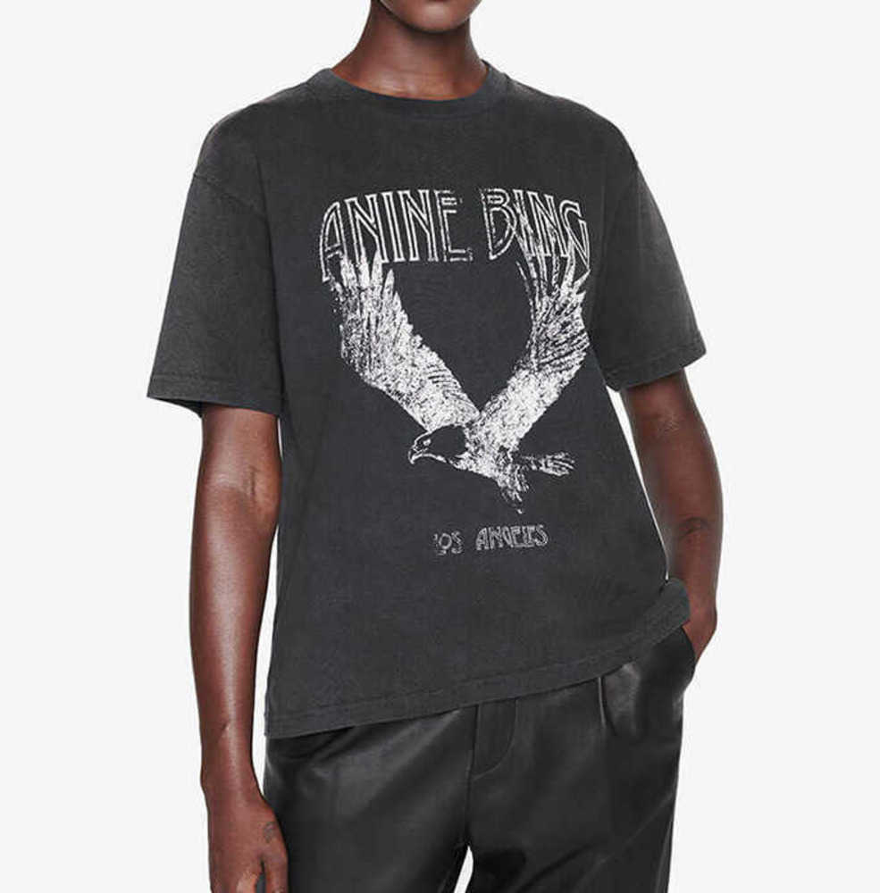 

2023 Anine Bing Niche Eagle Print t Shirt Fried Snowflake Color Washing Designer Tee Women Anines Bing Black Short-sleeved T-shirt Tops Polo, Dark gray