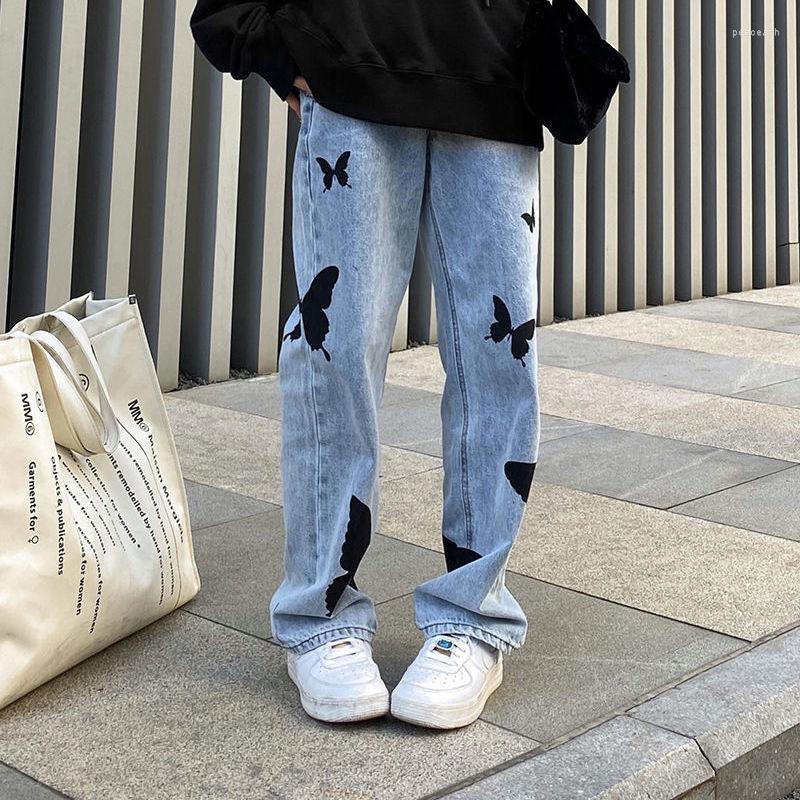 

Women' Jeans Butterfly Light Blue Women' Harajuku Loose High Waist Straight Maxi Trousers Casual Denim Wide Leg Pants Woman