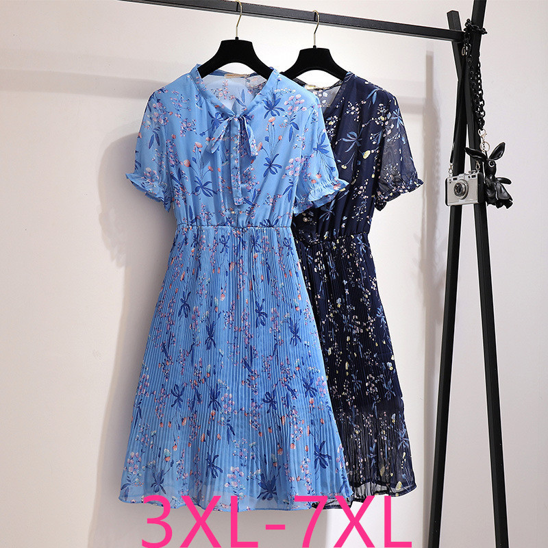 

Casual Dresses summer plus size dresses for women large short sleeve casual floral pleated chiffon dress blue 3XL 4XL 5XL 6XL  230316, Navy blue
