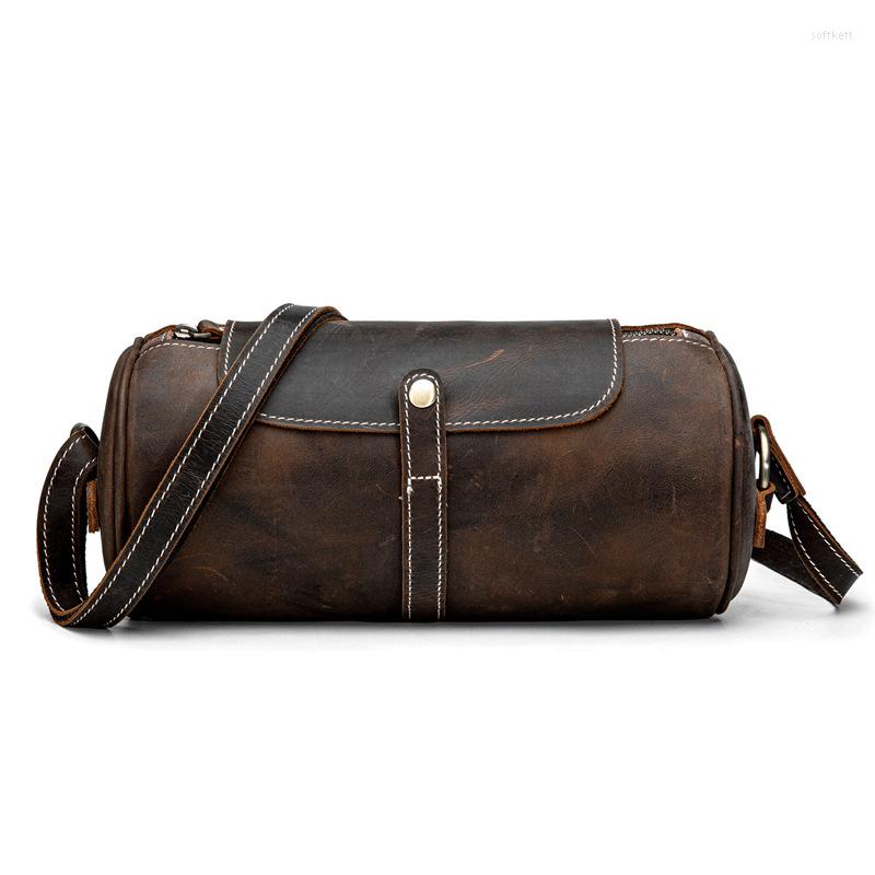 

Evening Bags Vintage Real Leather Women's Bag 2023 Spring Summer Cylindrical Single Cross-body Fashion Simple Mini Pillow, Brown