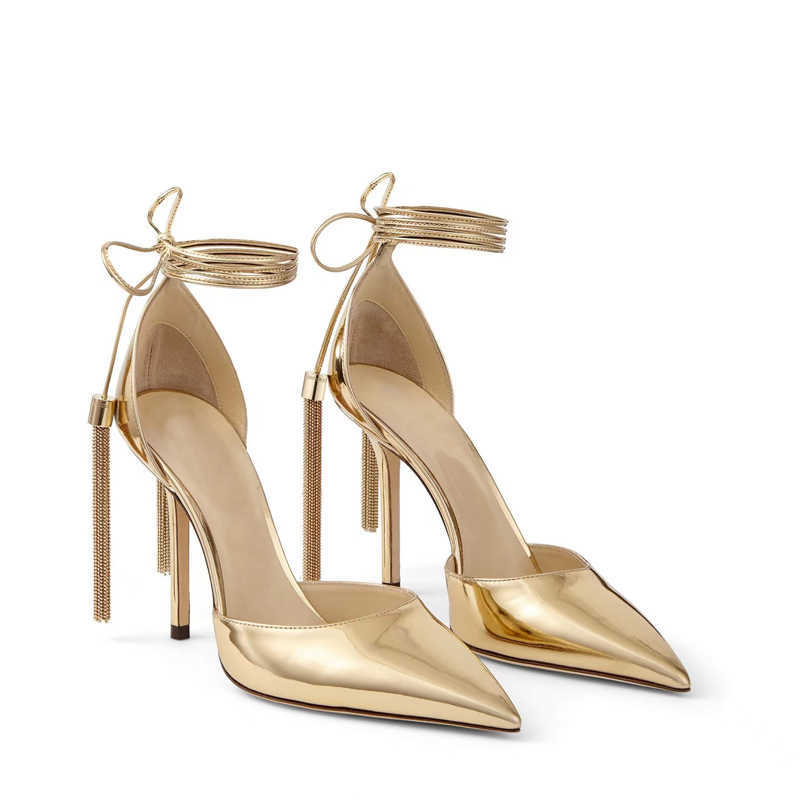 

Sexy Gold Long Tassel Lace Up Sandals Woman Gold Black Leather Thin Heels Pointed Toe Fringed Cross Bandage Banquet Dress Shoes 0316