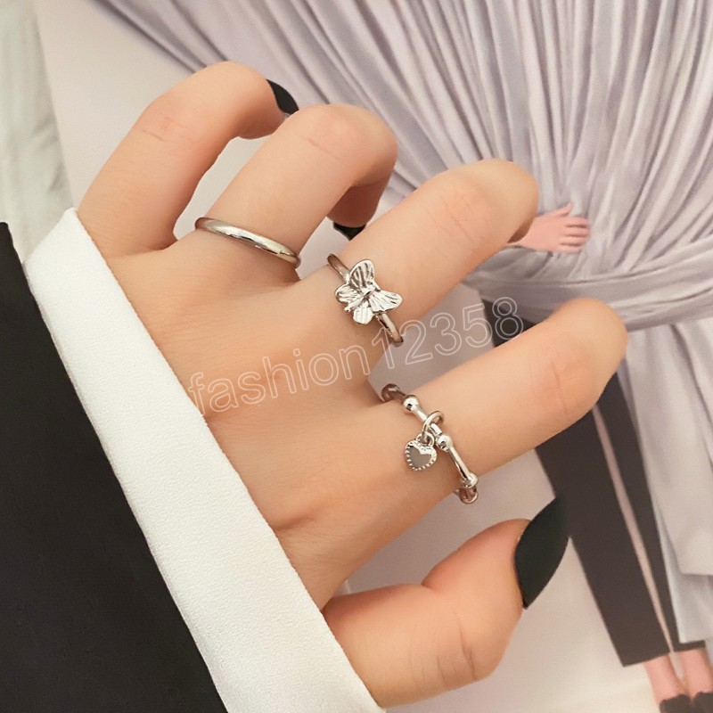 

Vintage Heart Butterfly Rings Set For Women Metal Silver Color Geometric Ring 3pcs Set 2023 Trendy Jewelry Gift Rings