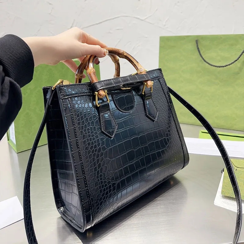 

Bamboo Shopping Tote Bag Large Capacity Shoulder Bags Handbags Vintage Metal Hardware Letter Removable Strap Alligator Pattern Leather Travel Totes Purse, Customize