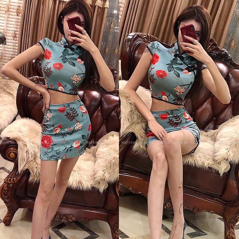 

Ethnic Clothing Women's Chinese Retro Printed Cheongsam Top Mini Skirt Fashion Slim Sexy Tight Vestidos Oriental Set