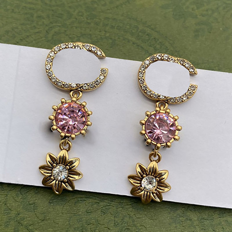 

Pink Big Jewel Dangle Charm Gold Flower Eardrop Full Diamonds Double Letters Geometry Design Ear Stud
