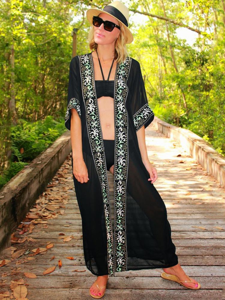 

Women's Swimwear Bikini Cover Up Women Embroidery Beach Kimono Swimsuit Cape Self Belt Chiffon Pareo Holiday Bathing Suits Beachwear, Black beach kimono