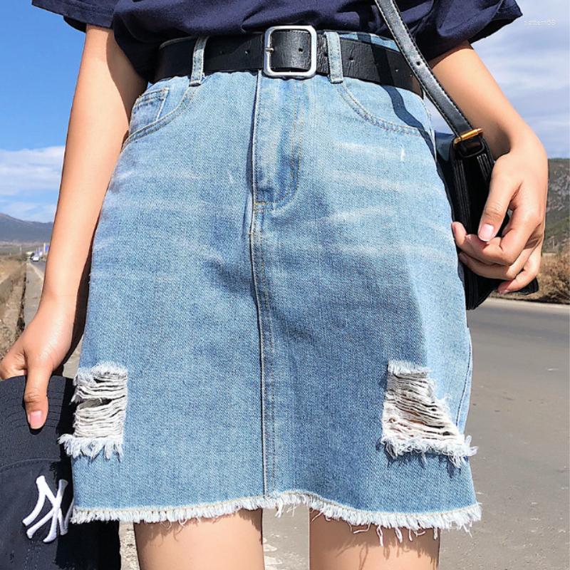 

Skirts Summer High Waist Ripped Jeans Women Fashion Slim A-Line Denim Black Plus Size Casual All-Match Blue Streetwear