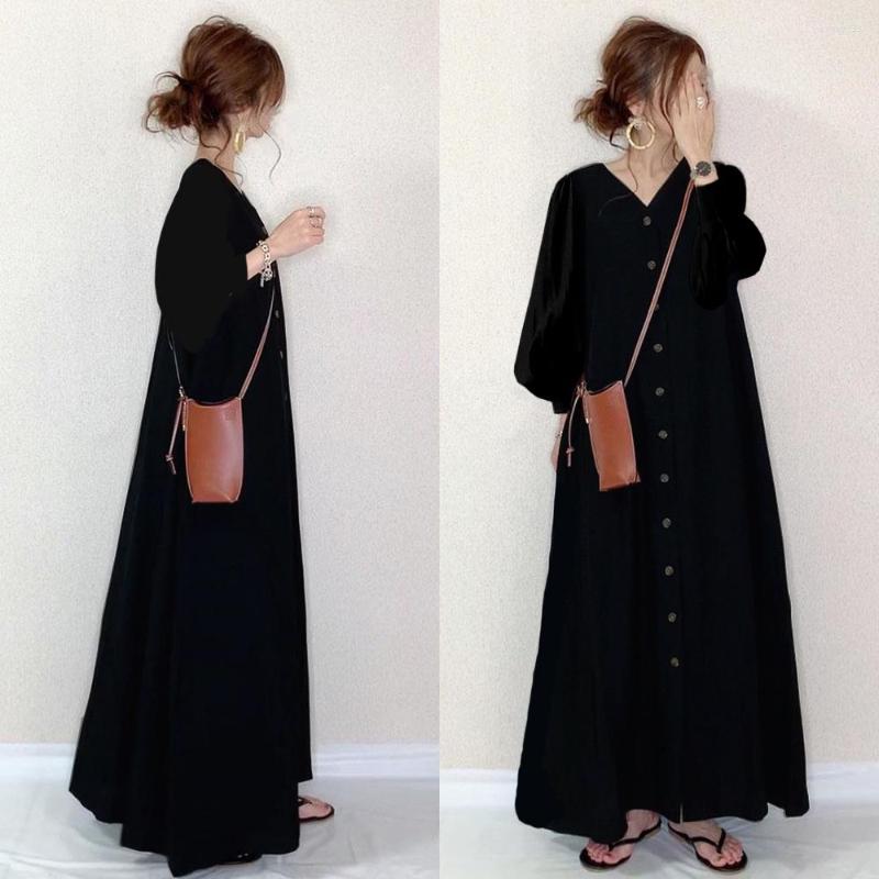 

Casual Dresses 2023 For Women Spring Autumn Black Simple Button Long Sleeve Loose Japan Fashion Lady V-neck Dress
