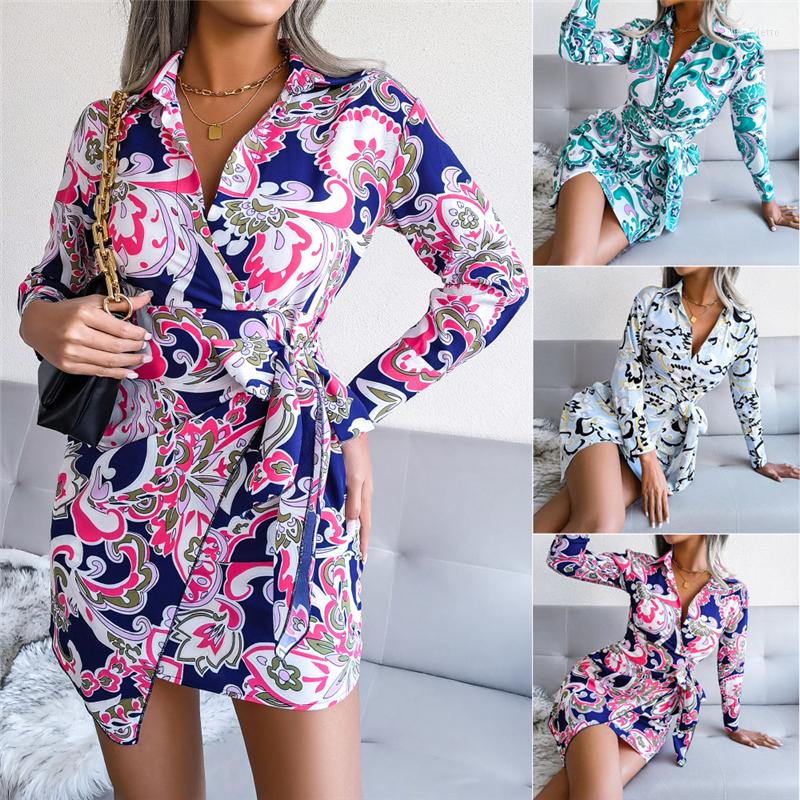 

Casual Dresses 2023 Spring Fashion Turndown Collar Long Sleeve Revenue Stamp Bandage Leisure Time Shirt Dress Female Tide H150