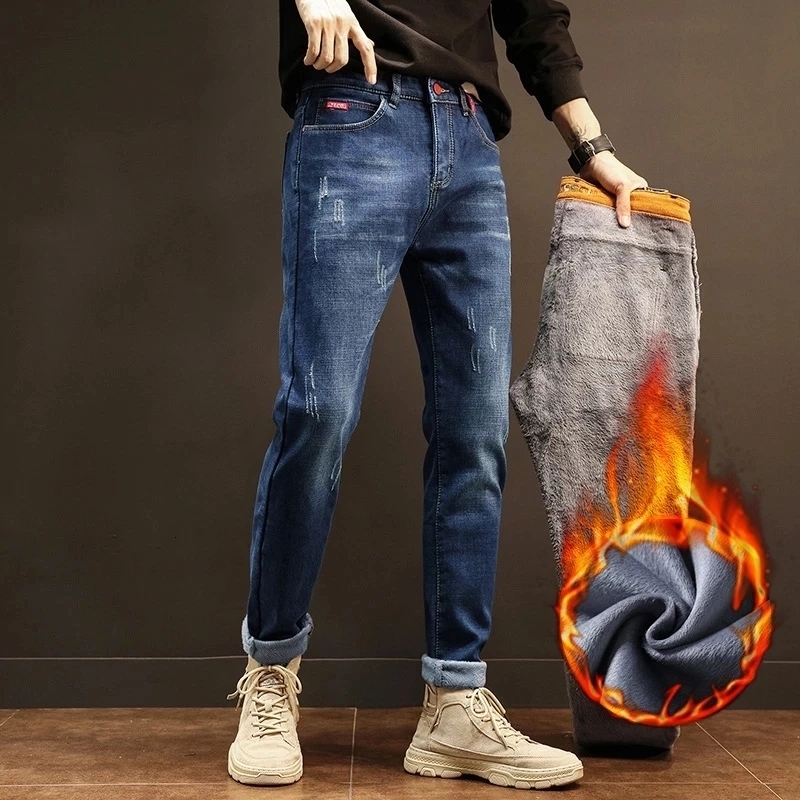 

Men's Jeans Mens Skinny Jeans Winter Fleece Fluff Thick Warm Slim Black Blue Denim Pencil Pants Street Hip-hop Denim Trousers Brand Clothing 230316