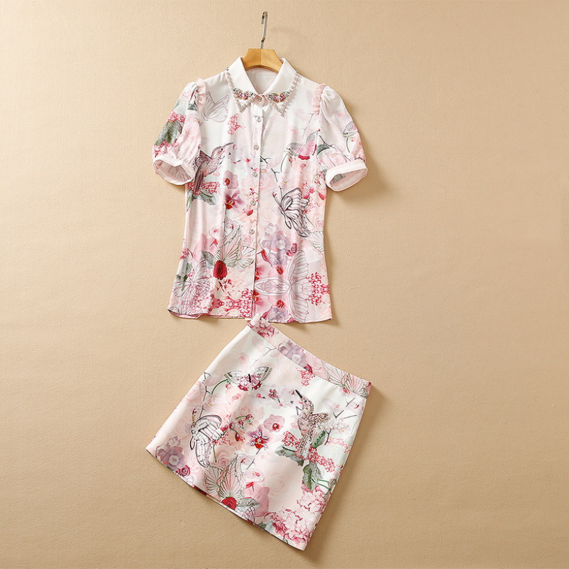 

Summer Fall Short Sleeve Two Piece Skirt Lapel Neck Pink Floral Butterfly Birds Print Beaded Blouse & Sequins Beaded Mini Short Suits 2 Pieces Set 22Q15Set