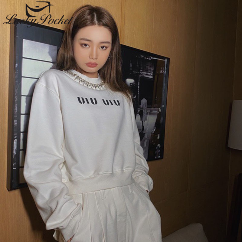 

Womens Hoodies Sweatshirts Women Autumn Fashion Letter Print Diamond Sweatshirt White Female Loose Casual Cotton Pullovers Plus Size Ladies Tops Y7 230316, T white