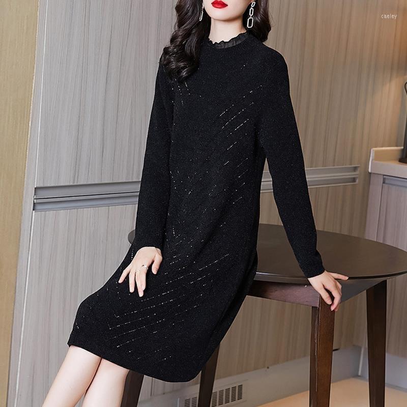 

Casual Dresses Print Black Knitted Women' Autumn And Winter 2023 Loose Straight Bottoming Sweater Dress