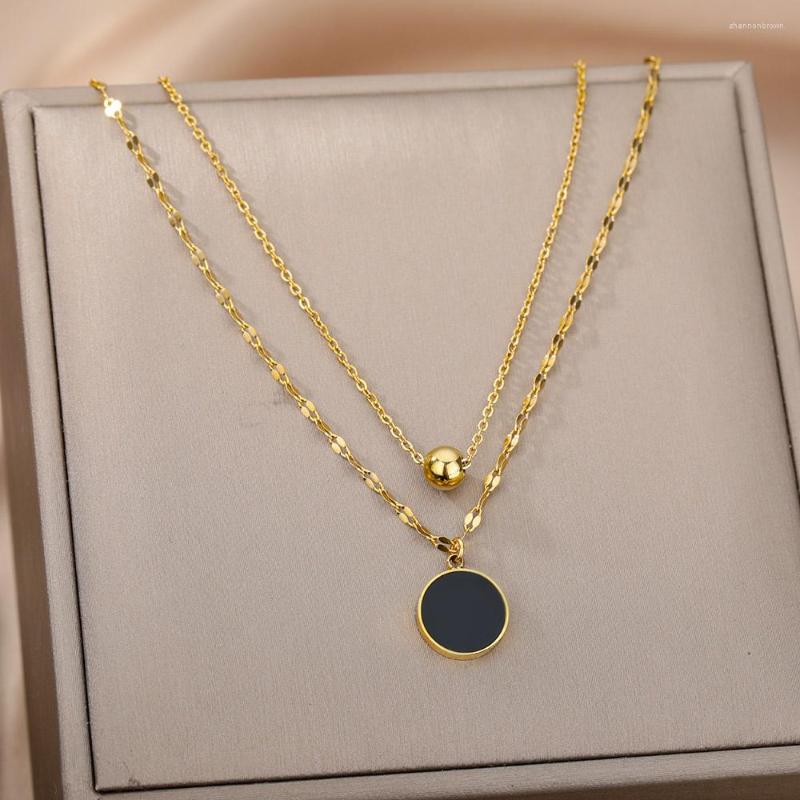 

Pendant Necklaces Double Layer Necklace For Women Stainless Steel Black Round 2023 Trend Clavicle Chains Choker Hip-Hop Jewelry