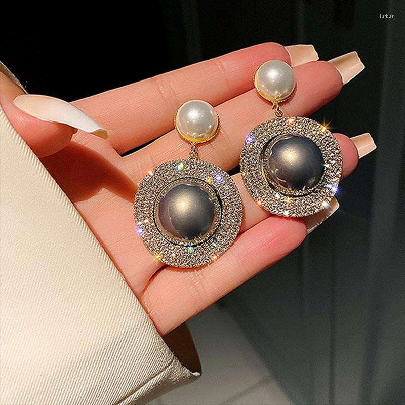 

Dangle Earrings Trendy Korean Oversized Gray Pearl Drop For Women Classic Golden Round Crystal Wedding Jewelry Gift Party