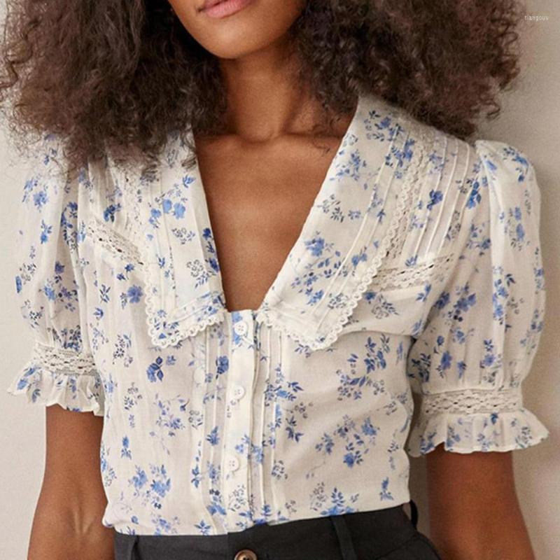 

Women's Blouses Summer Women Blouse Short Sleeve Lapel Lace Vintage Floral Print Tops Boho Trips Casual Office Lady Loose Shirts 2023, White