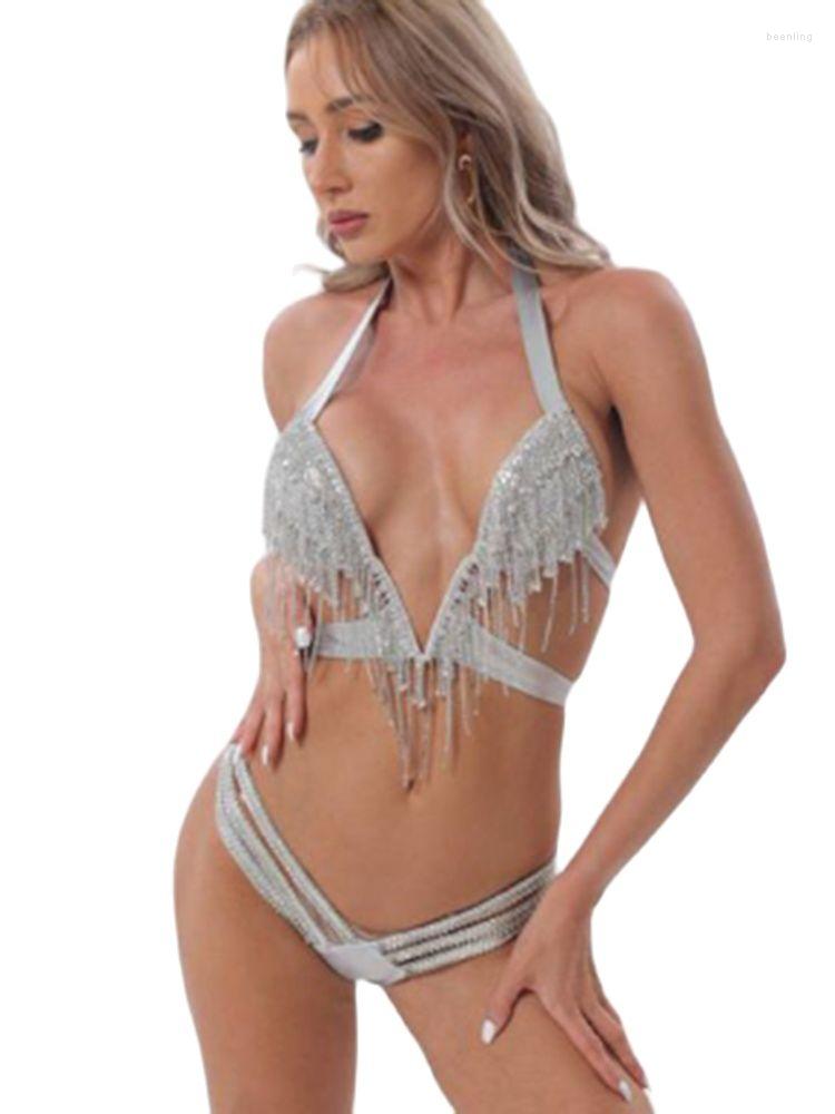 

Bras Sets Fashion Shiny Rhinestone Tassel Sexy Women's Underwear Lingerie Festival Party Club Rave Diamonds Push Up Bikini Thong, Pink