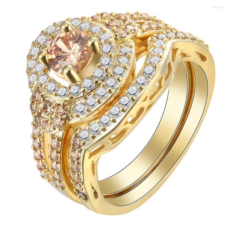 

Wedding Rings Hainon Gold Color Ring Sets For Engagement Trendy Women Cz Zircon Princess 3pcs 6-10 Set Jewelry