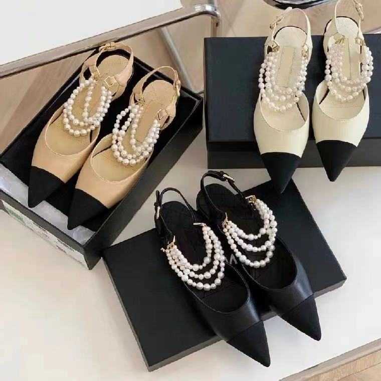 

Designer sandals channel slides shoes High version of small fragrant wind pointed shallow pearl sandals women's bag head flat heel French fl, Black