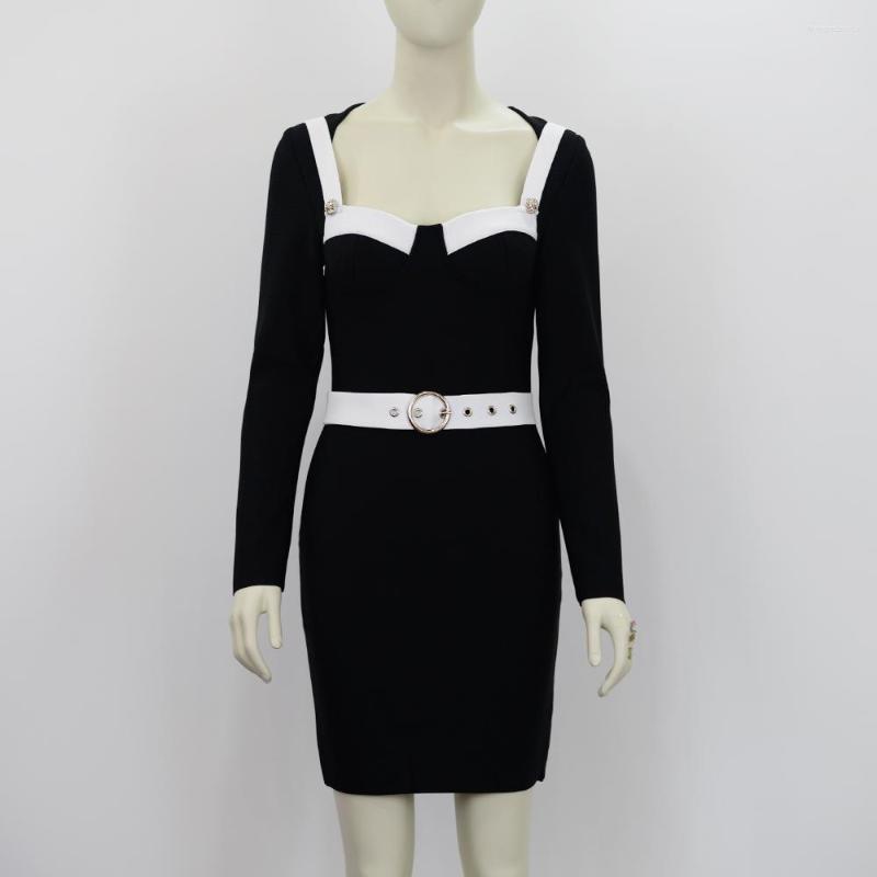 

Casual Dresses 2023 Spring Mini Women Sexy Belt Female Holiday Outfits Fashion Long Sleeve Bodycon Office Ladies Bandage, Black