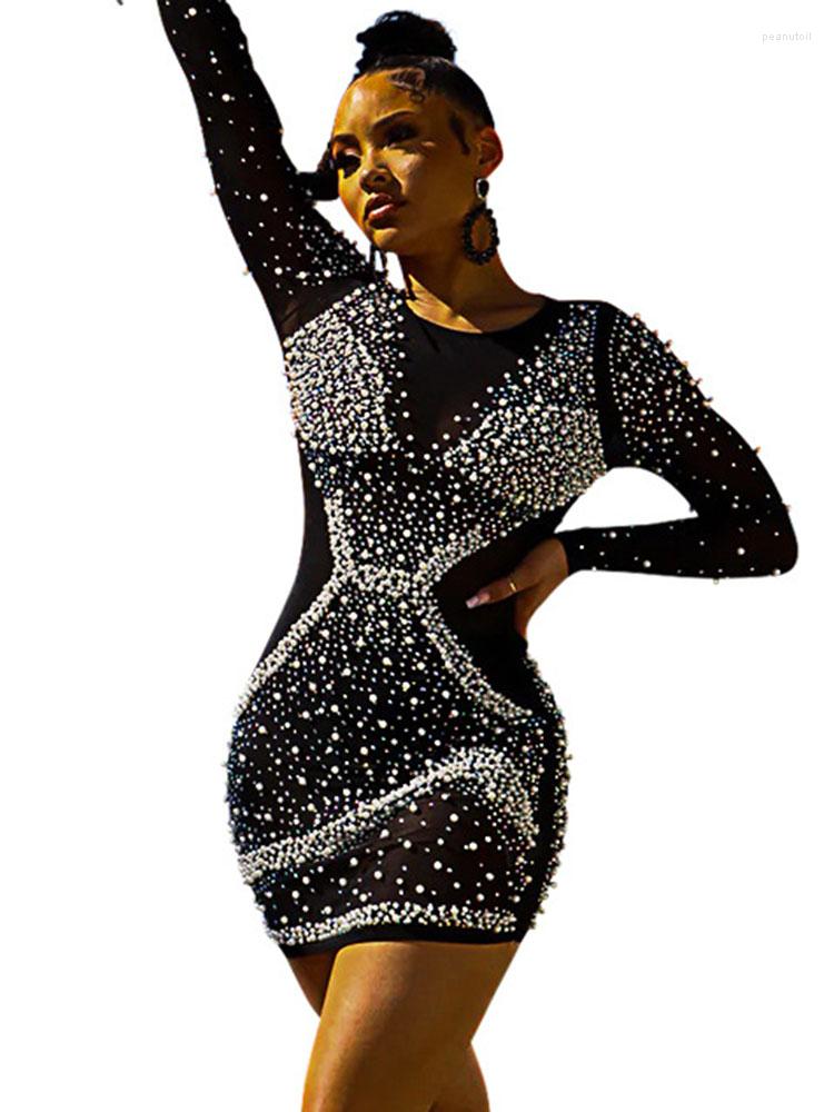 

Casual Dresses Szkzk Sexy Mesh Sheer Mini Dress Female Long Sleeves O-neck Drill Beaded See Through High Waist Tight Fit Night Party, Black