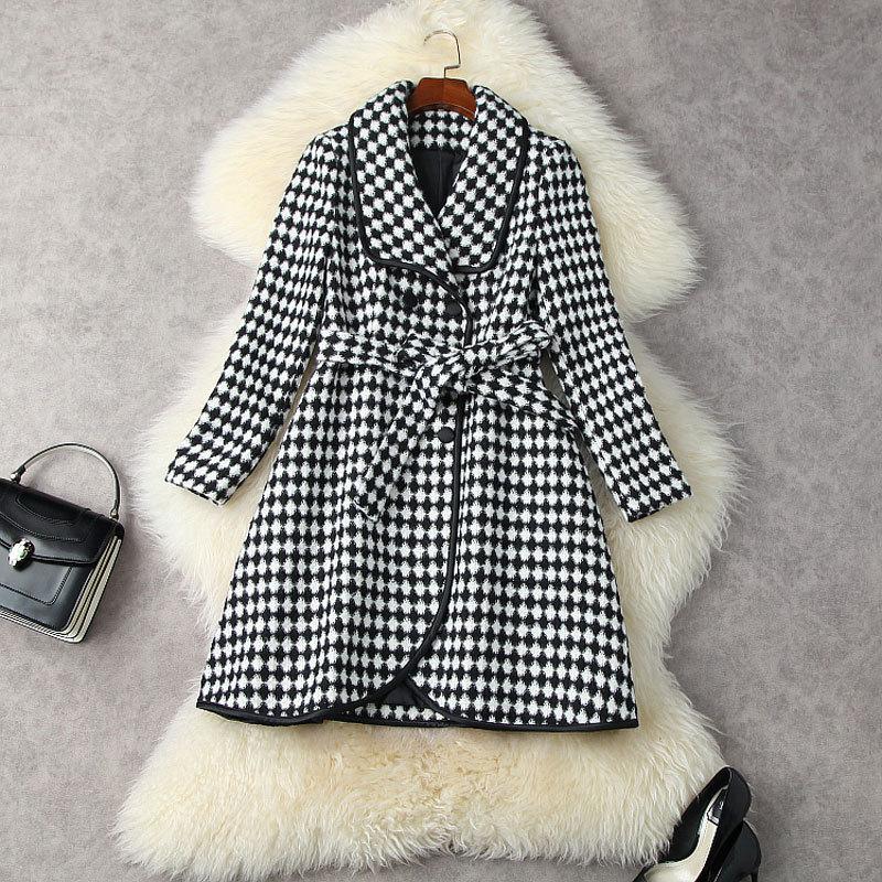 

Women' Wool & Blends Black White Houndstooch Tweed Jacketa Coats Womens 2023 Designer Runway Fashion Double Breasted Sashes Winter Jackets, Coffee