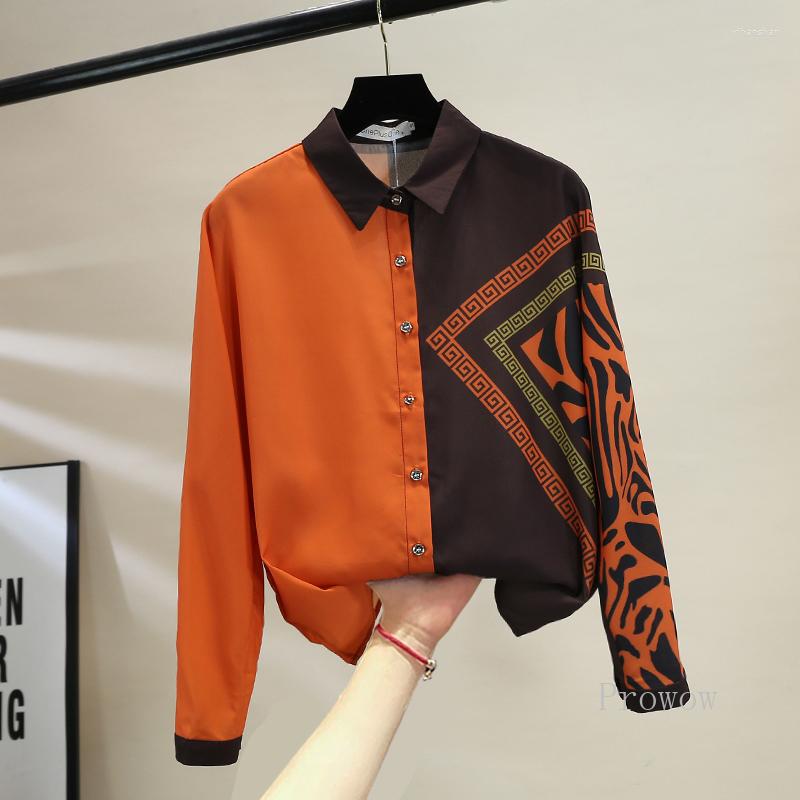 

Women' Blouses Color Block Print Chiffon Shirt Women Tops 2023 Fashionable Western Style Design Loose Bat Sleeve Button Up Mujer, Orange