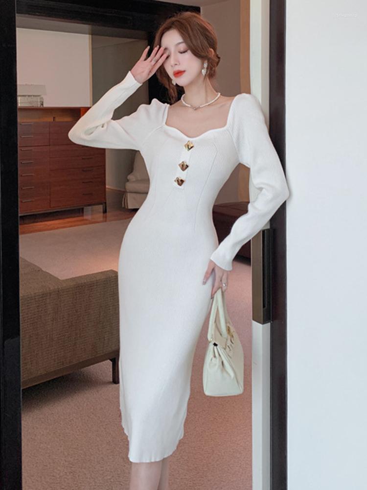 

Casual Dresses Autumn Winter Elegant Women Dress Chic Retro Sexy Square Collar Skinny Midi Party Mujer Robe Femme Stretchy Vestidos, Black