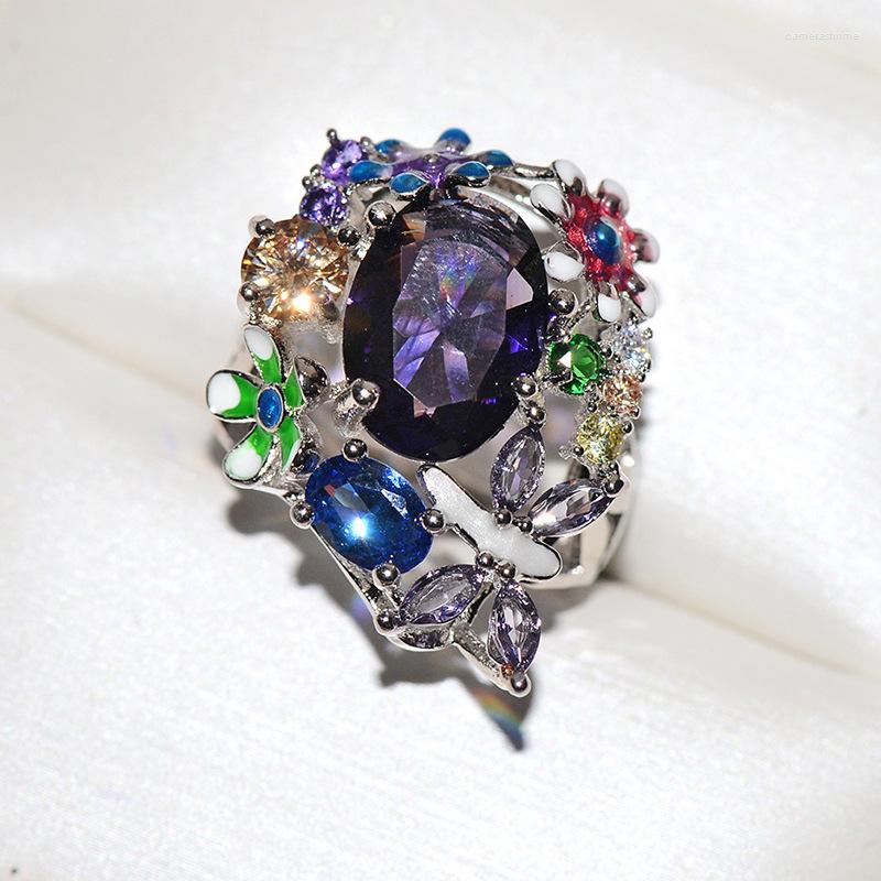

Wedding Rings Hainon Luxury Silver Color Cute Flower Design For Woman Big Purple CZ Stone Fashion Engagement Jewelry